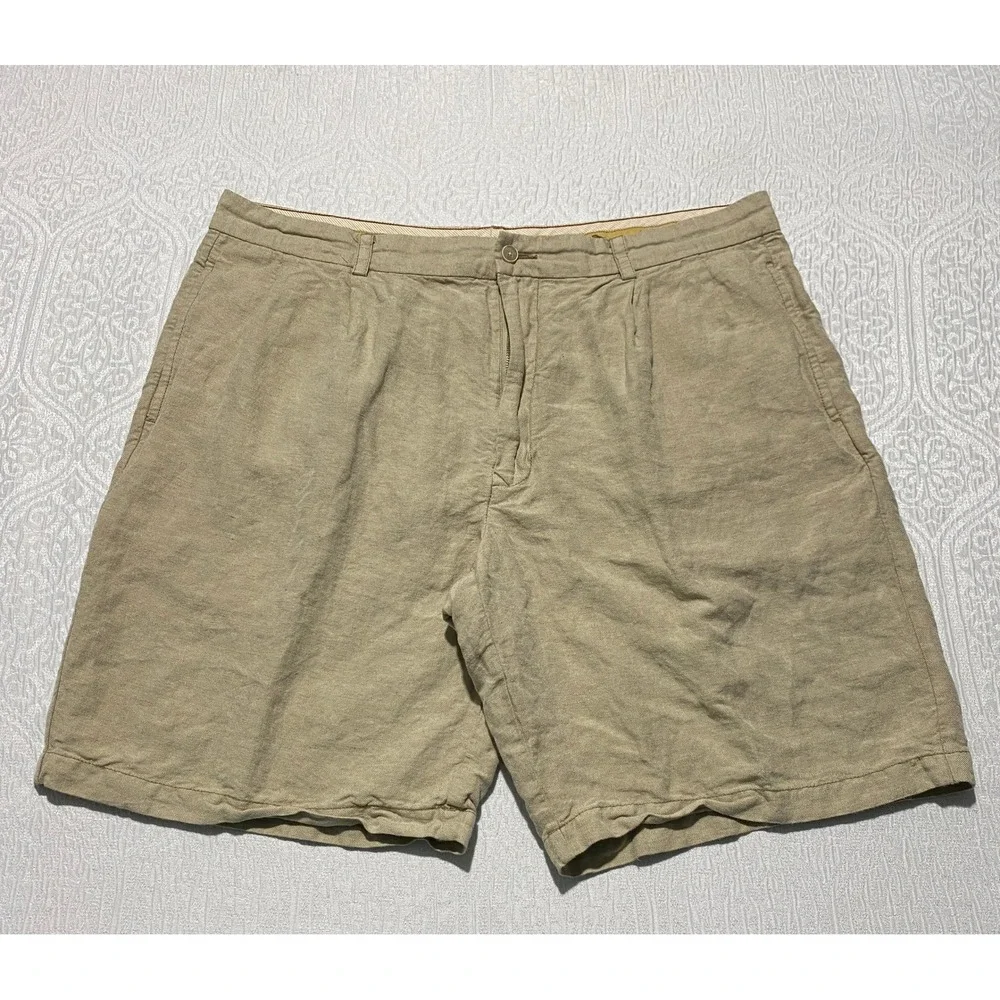 Tommy‎ Bahama Mens 38 Khaki Linen Silk Herringbone Pleated Shorts Tan
